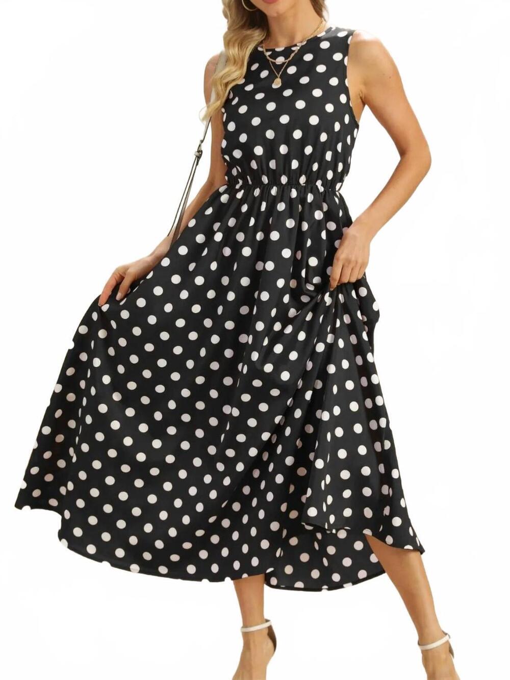 NEW MCCOLIN polka dot round neck sleeveless midi dress in black/white